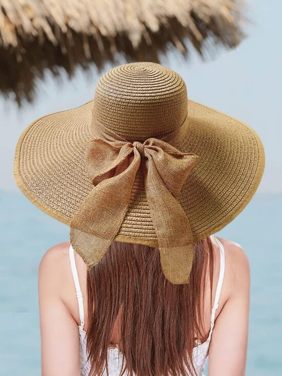 Women Foldable Summer Wide Brim Packable Sun Hat Travel Straw Fedora Hat Khaki2 main image 5